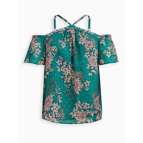 Torrid Womens Plus Size 2 Cold Shoulder Halter Top Crinkle Chiffon Floral Green - Picture 1 of 7